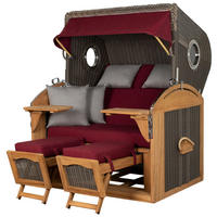 STRANDKORB Komplettset: Borkum XL Teak Bullauge - PE grau - Modell 594 - Rot/Grau, Holz/Kunststoff (142/170/95cm) - bene living