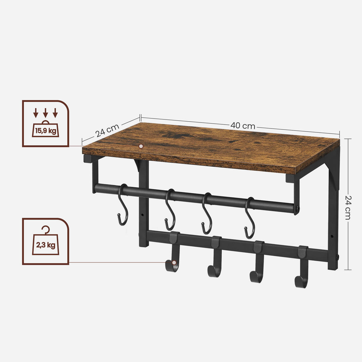 WANDHALTER mit 40 cm langen bügeln, braun/schwarz - Braun, Holzwerkstoff/Metall (40/24/24cm)