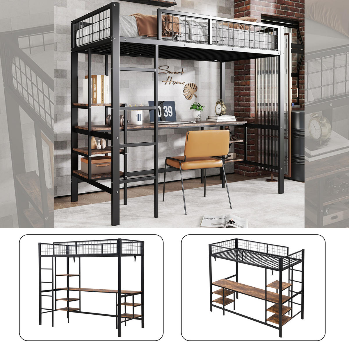 ETAGENBETT 90/200 cm in Schwarz mit Schreibtisch, Regal und 4-stufiger Leiter - Schwarz, Metall (90/200cm) - OKMYHOME