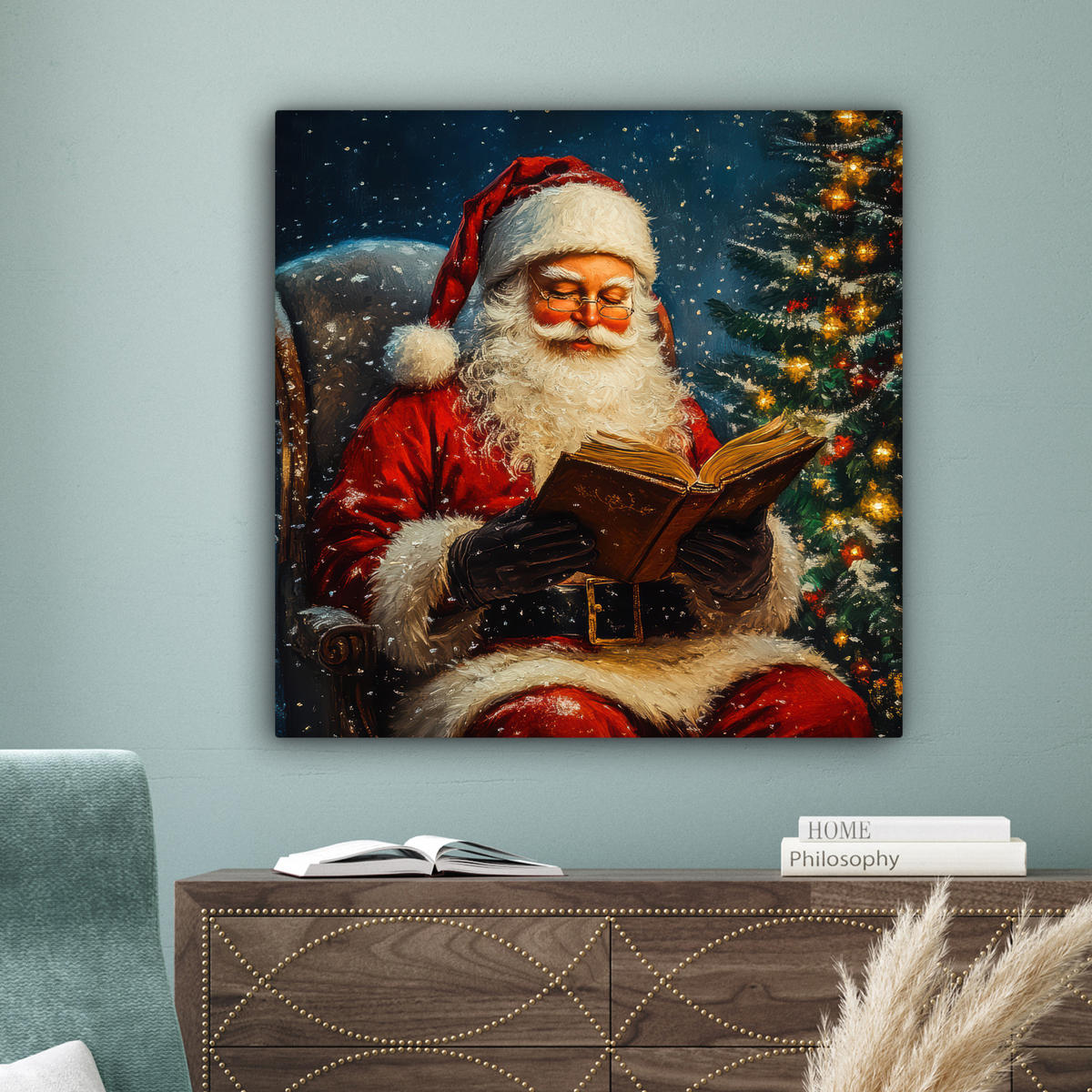 LEINWANDBILD Weihnachtsmann - Weihnachten - Winter - Weihnachtsbaum 90x90 cm - Bordeaux, Textil (90/90cm) - MuchoWow