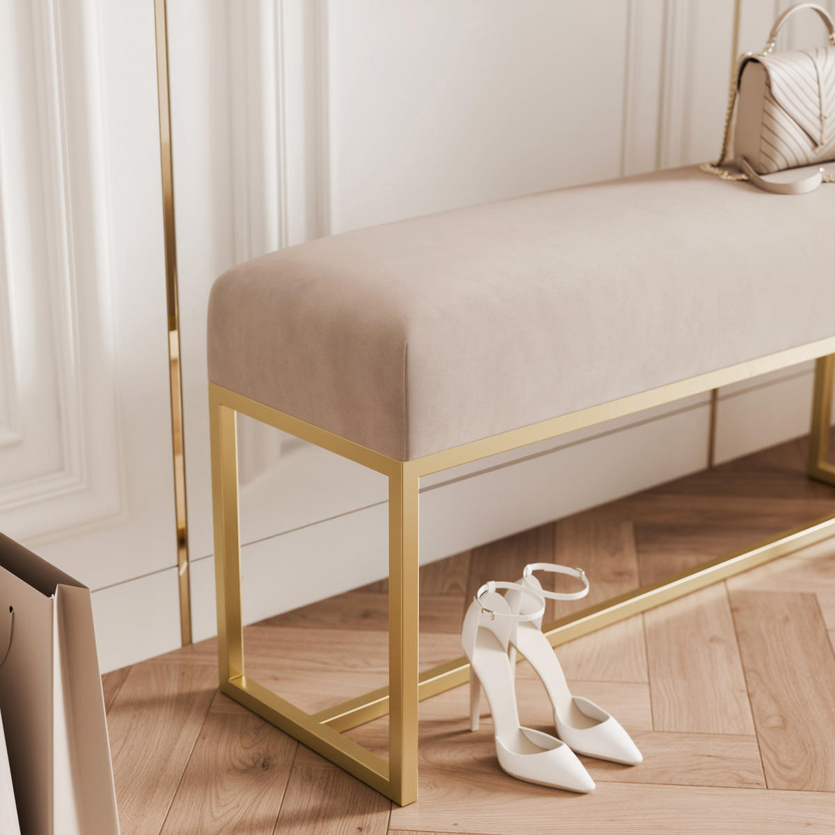 POLSTERBANK MUSE 100 cm Gold / Beige ,Metallgestell - Beige, Metall (100/47/30cm) - Idohome
