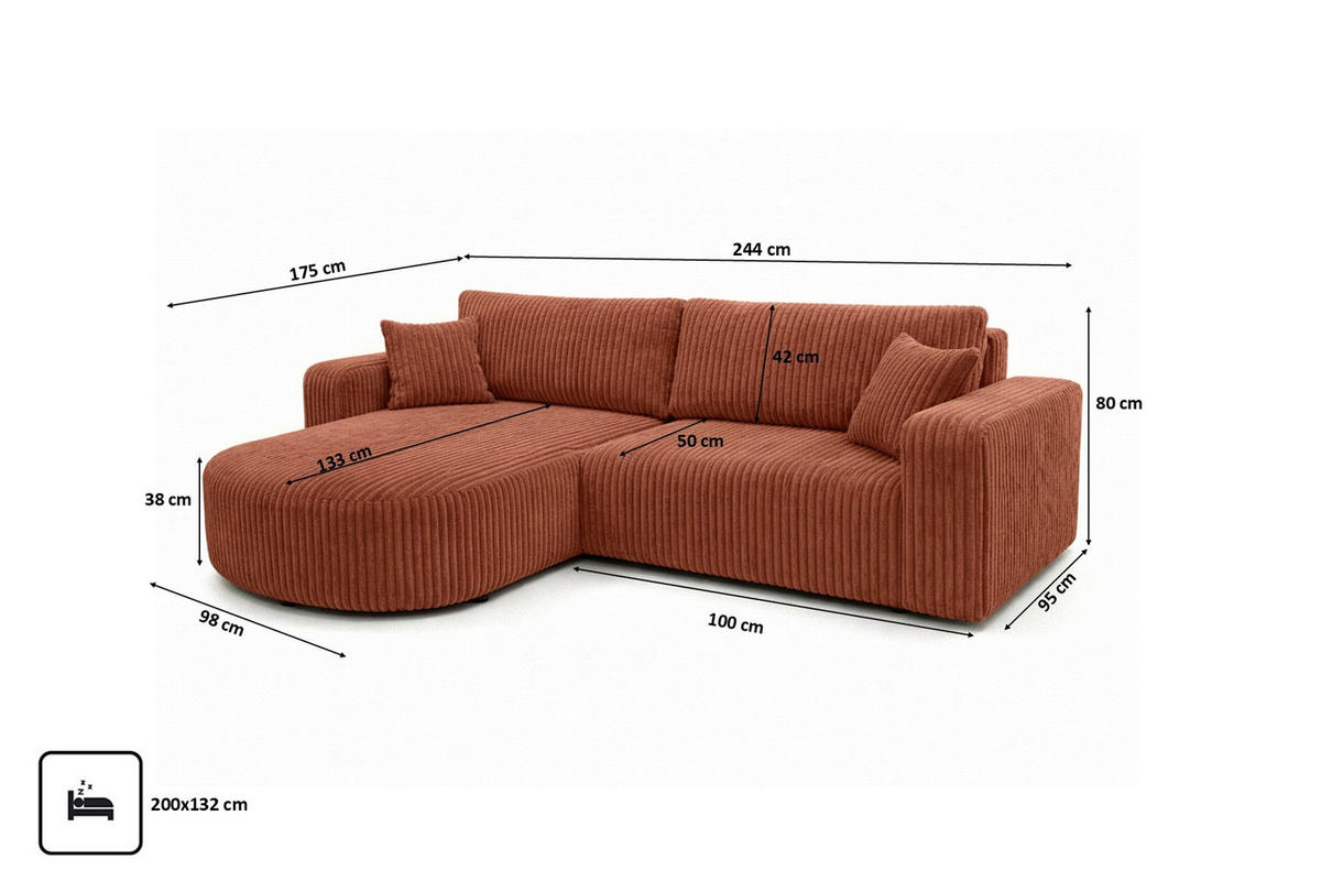 ECKSOFA Mit Schlaffunktion, Cordstoff Tilia, Kupfer, Links, ROUND ONE - Orange, Holz (244/175cm) - Kaiser Möbel