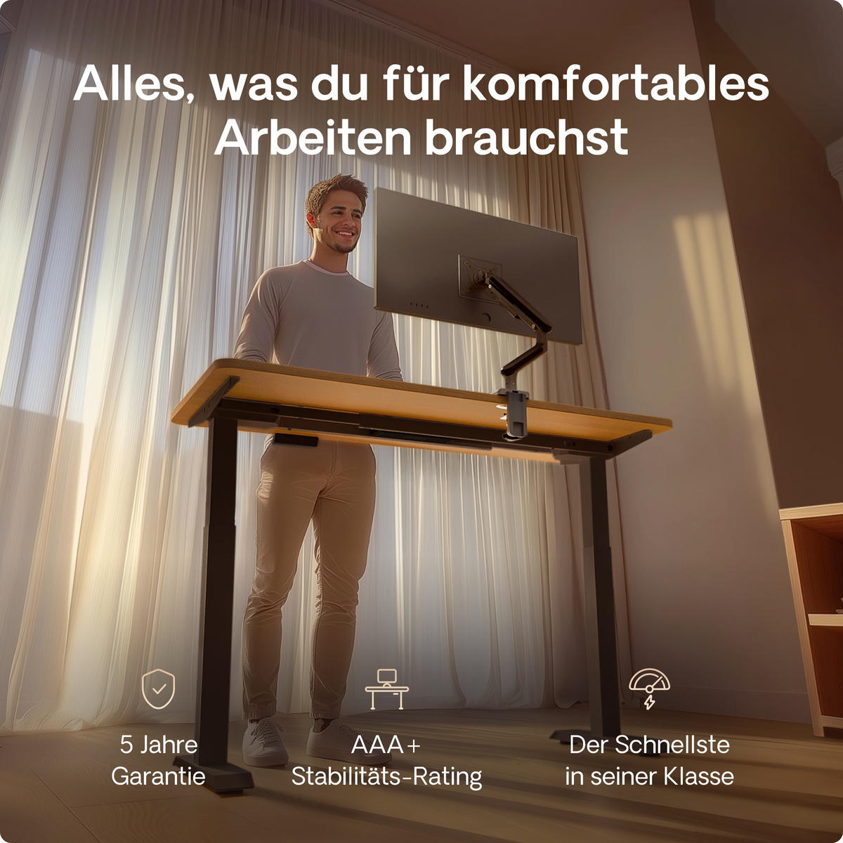 SCHREIBTISCH Elektrisch Höhenverstellbarer HomeOne 140x70cm Schwarz/Eiche mit Memory-Funktion, Anti-Kollisions Technologie - Eichefarben/Schwarz, Holzwerkstoff (70/140/72cm) - Desktronic