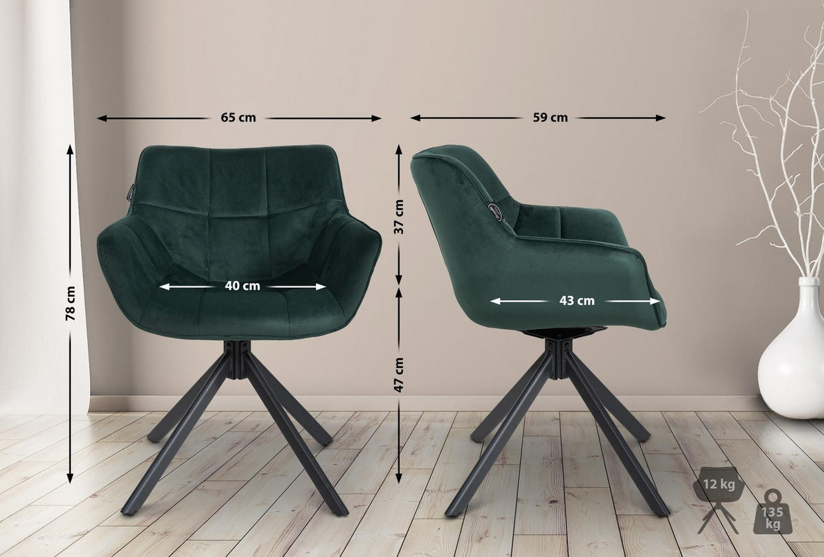 STUHL Samt grün - Schwarz/Grün, Textil/Metall (65/78/59cm) - CLP