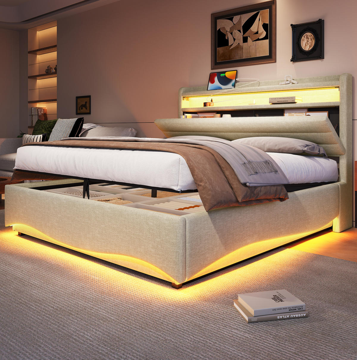 POLSTERBETT 140/200 cm Beige aus Leinen mit LED-Beleuchtung und Stauraum - Beige, Textil (140/200cm) - OKMYHOME