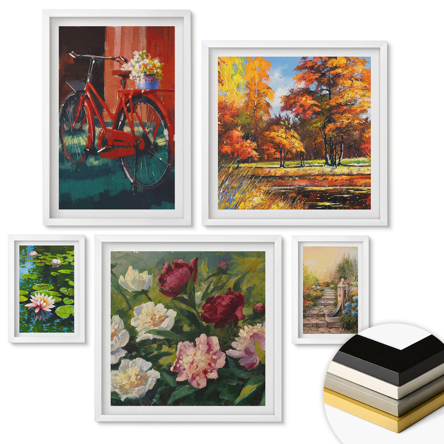 WANDBILDER 5er-Set - 50x50 cm & 20x30 cm & 40x60 cm Weißer Rahmen - Strand Holzsteg Klippen - Weiß, Kunststoff (40/60cm) - ArtPrintCave