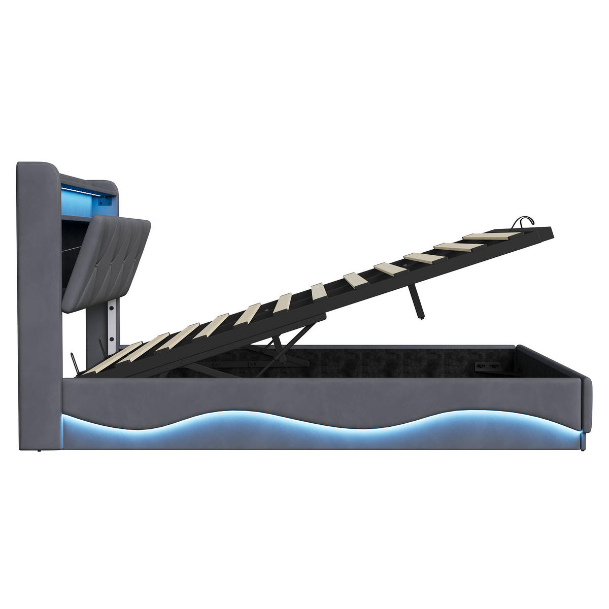 POLSTERBETT 160/200 cm Grau mit hydraulischem Stauraum, LED & USBund Lattenrost - Grau, Metall (160/200cm) - EuroLiving