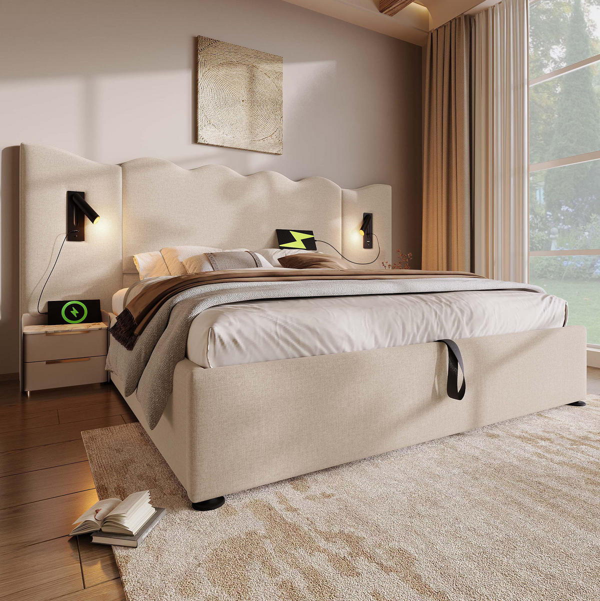 POLSTERBETT 180/200 cm mit Leselampe, USB- und Type-C-Anschluss, hydraulischem Stauraum und Wellenkopfteil, Beige - Beige, Textil (180/200cm) - Redom