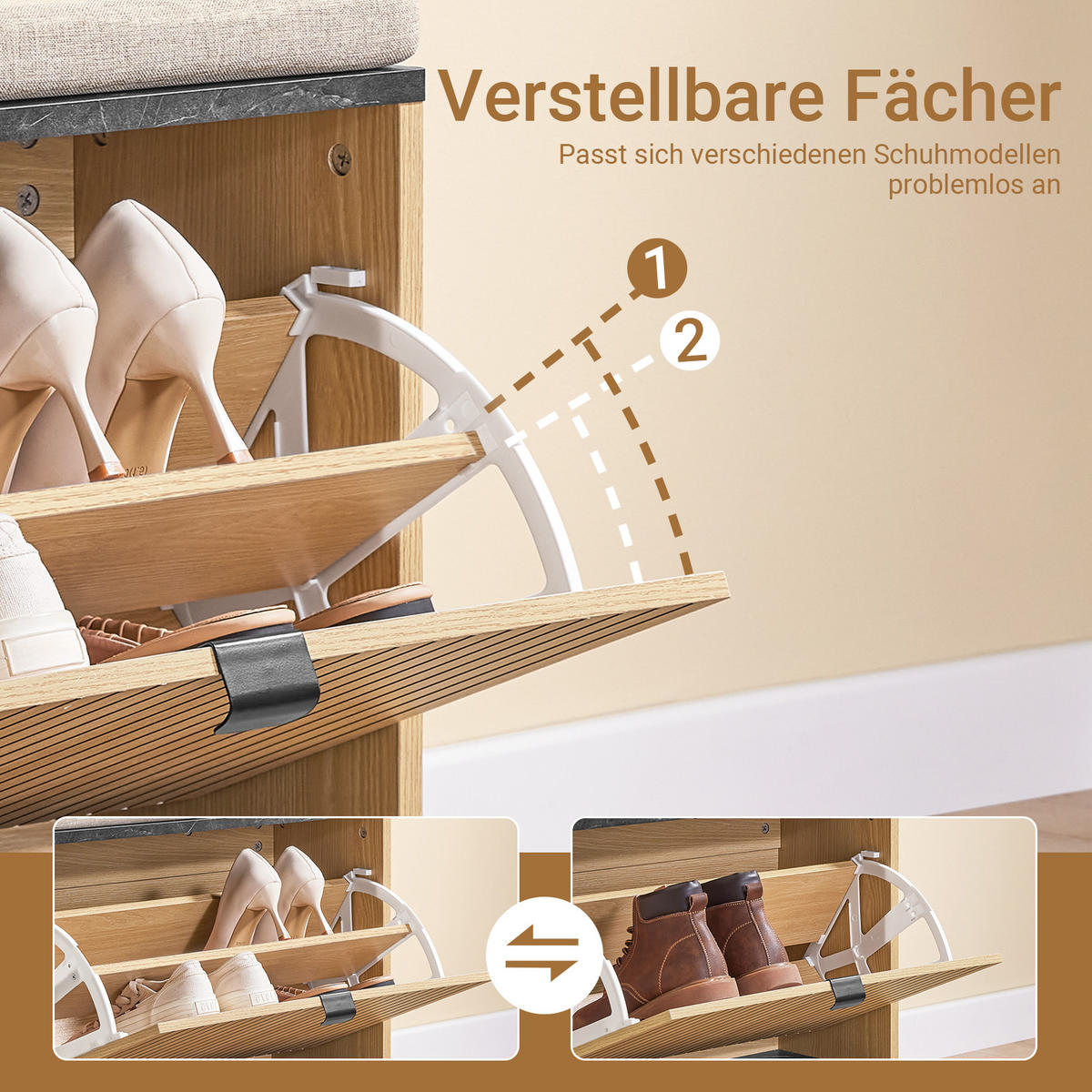SCHUHBANK Holzoptik & Schwarz mit Marmor - Naturfarben, Holzwerkstoff (60/50/24cm) - SoBuy
