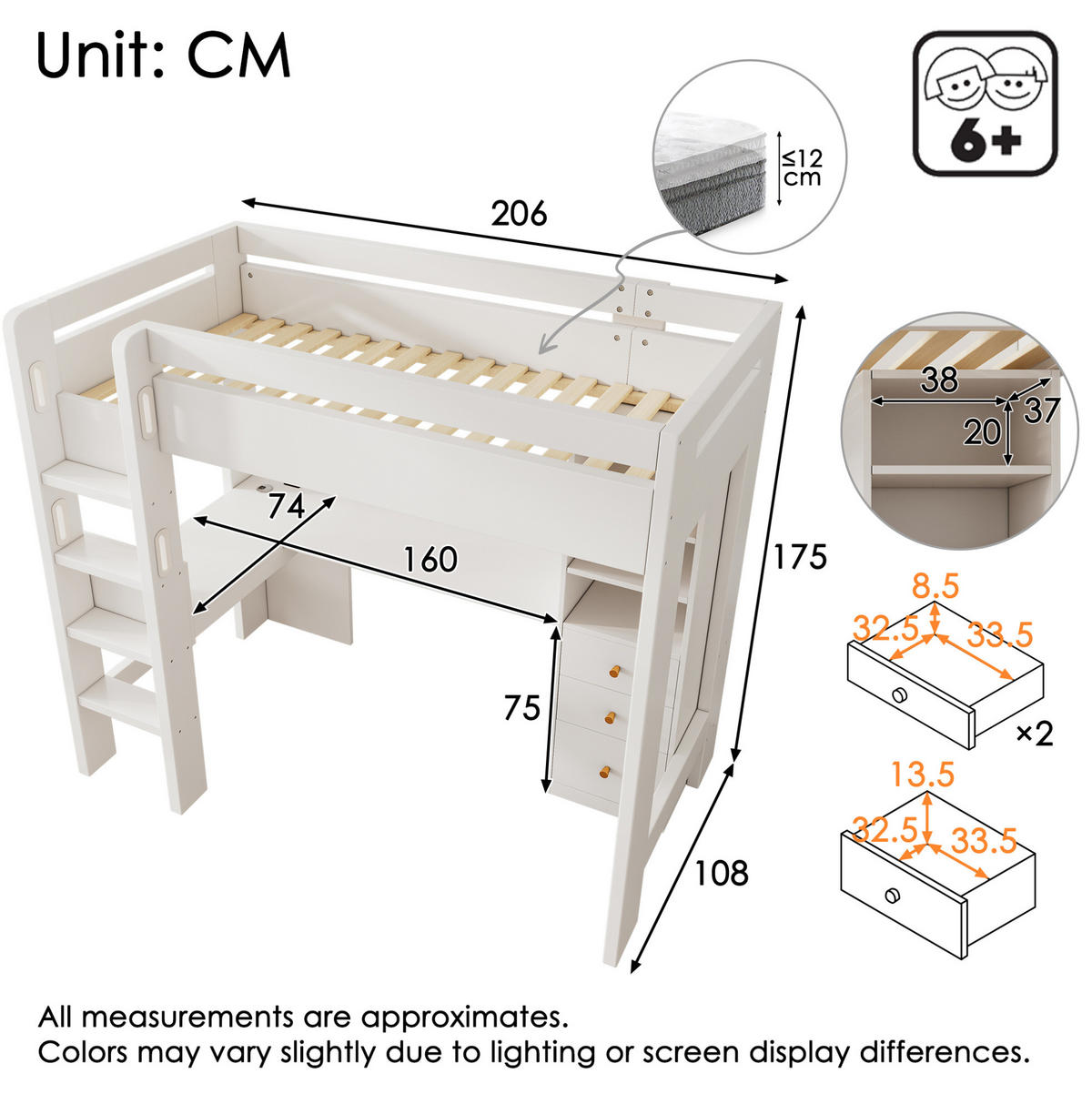 HOCHBETT 90/200 cm Weiß aus Holz mit Schreibtisch - Weiß, Holzwerkstoff (90/200cm) - OKMYHOME