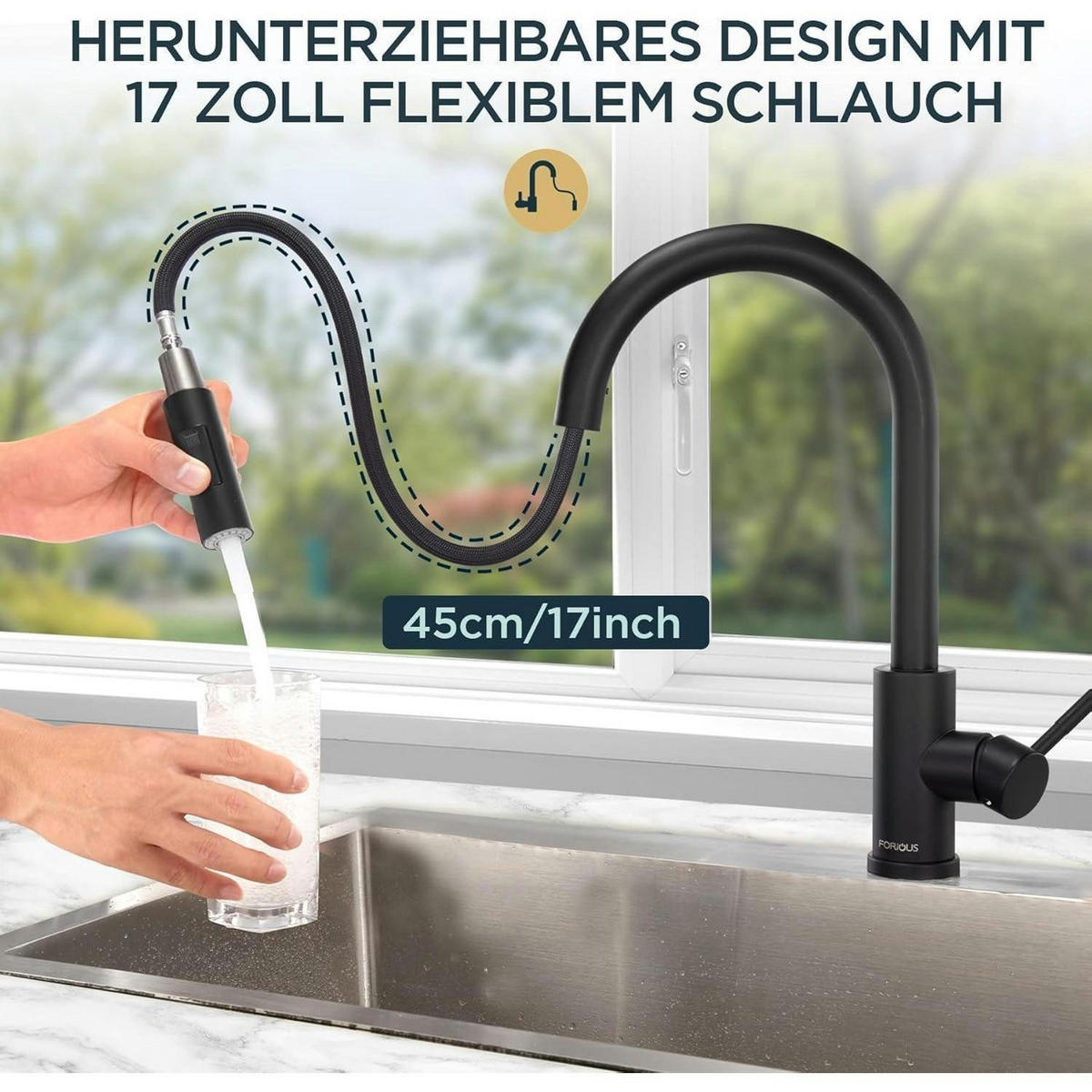 KÜCHENARMATUR mit hohem Bogen Schwarz 360° schwenkbar - Schwarz, Metall (5/42.5/25cm)