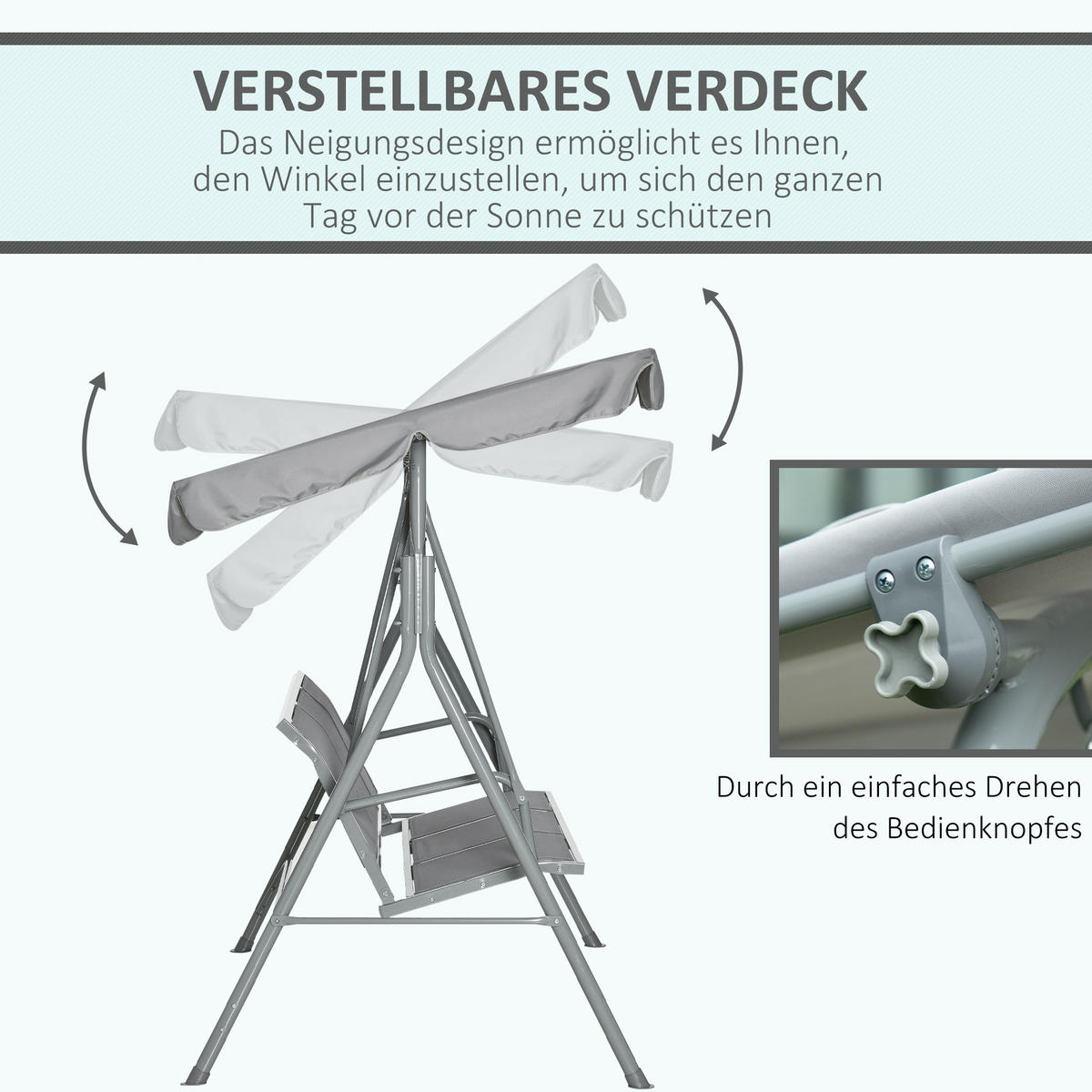 HOLLYWOODSCHAUKEL 170/110/153 cm mit verstellbarem Dach und Stahlrahmen, Grau - Grau, Metall (108/154/171cm) - Redom