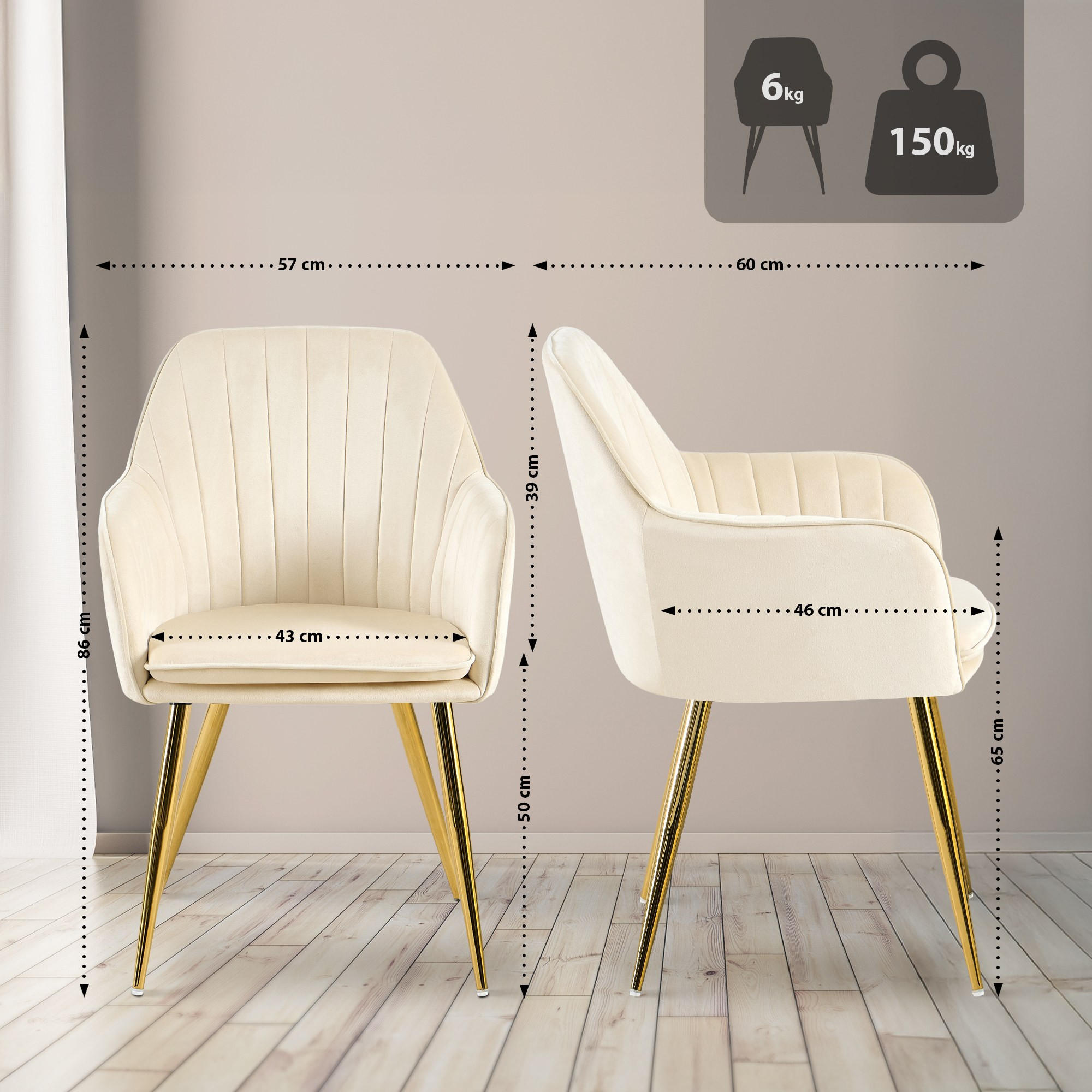 ARMLEHNENSTUHL Samt Creme - Goldfarben/Creme, Textil/Metall (60/57/86cm) - CLP