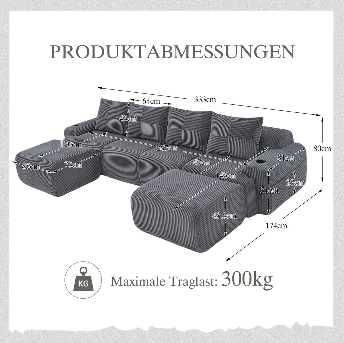 WOHNLANDSCHAFT Modulares 4-Sitzer Sofa 333/174/80 cm dunkelgrau aus Cord mit Getränkehalter und Aufbewahrungstasche - Dunkelgrau, Textil (174/80/333cm) - Modenvie