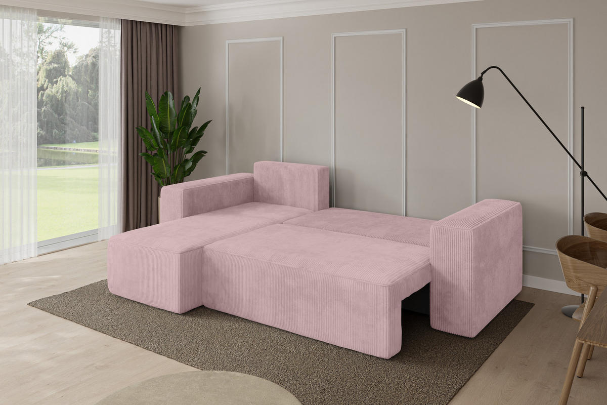 ROHOVÁ SEDAČKA s funkcí spaní, otoman vlevo SENO-L 249x139x85 růžová manšestr - růžová/černá, kompozitní dřevo/textil (249/139cm) - ALTDECOR