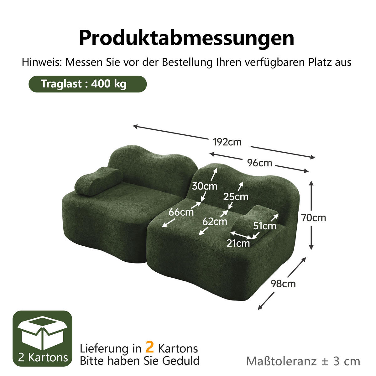 2-SITZER-SOFA DE-34348 mit Armlehnenkissen Grün - Grün, Textil (98/70/192cm) - ComfortXL