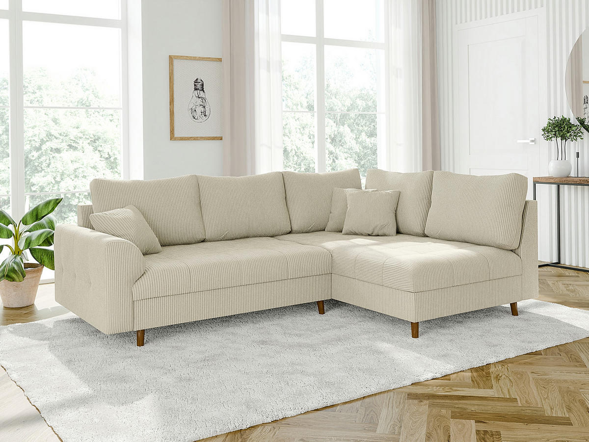 ECKSOFA inkl. Hocker Alma Beige Cord - Ottomane rechts - Beige/Braun, Holz/Textil (231/161cm) - S-Style Möbel