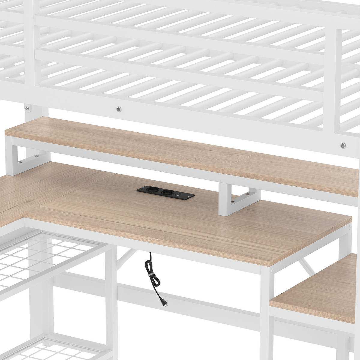 HOCHBETT 140/200 cm, Weiß mit Schreibtisch, LED-Streifen und USB-Anschluss - Weiß, Metall (140/200cm) - MIVRAY