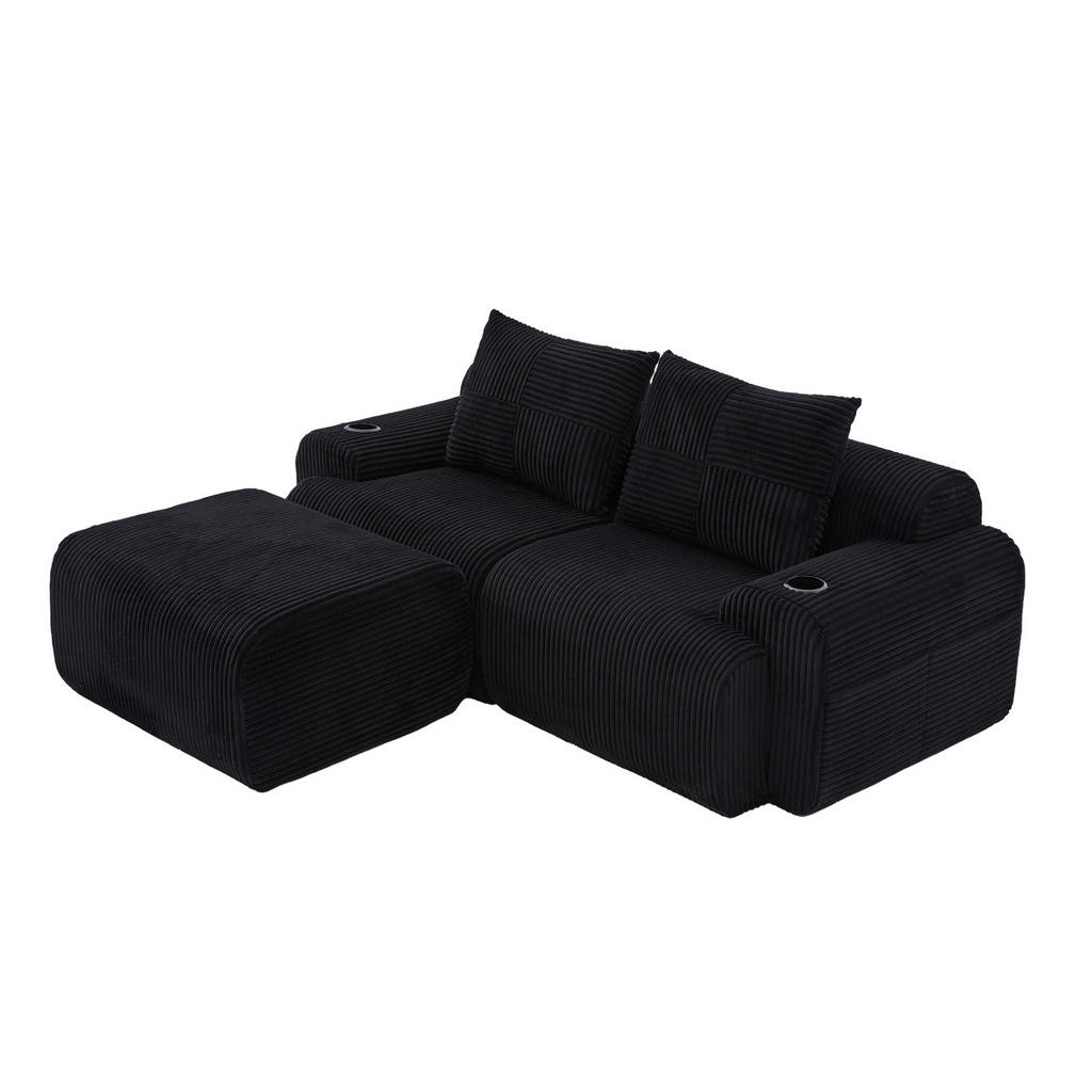 Modfu MODULÁRNÍ 2místná pohovka z manšestru 200x174x80 cm černá s držákem na nápoje a boční kapsou