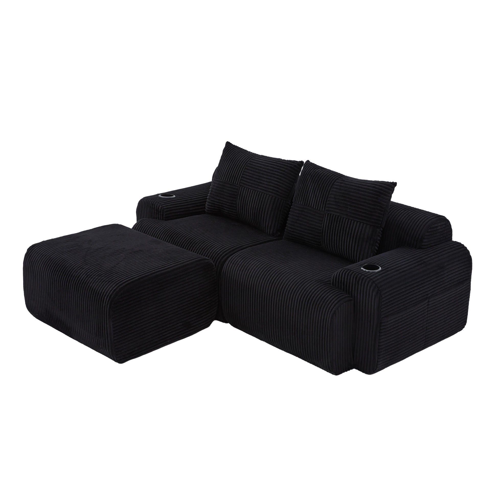 2-SITZER-SOFA aus Cord 200x174x80 cm in Schwarz mit Cupholder & Seitentasche - Schwarz, Textil (174/80/200cm) - Modfu