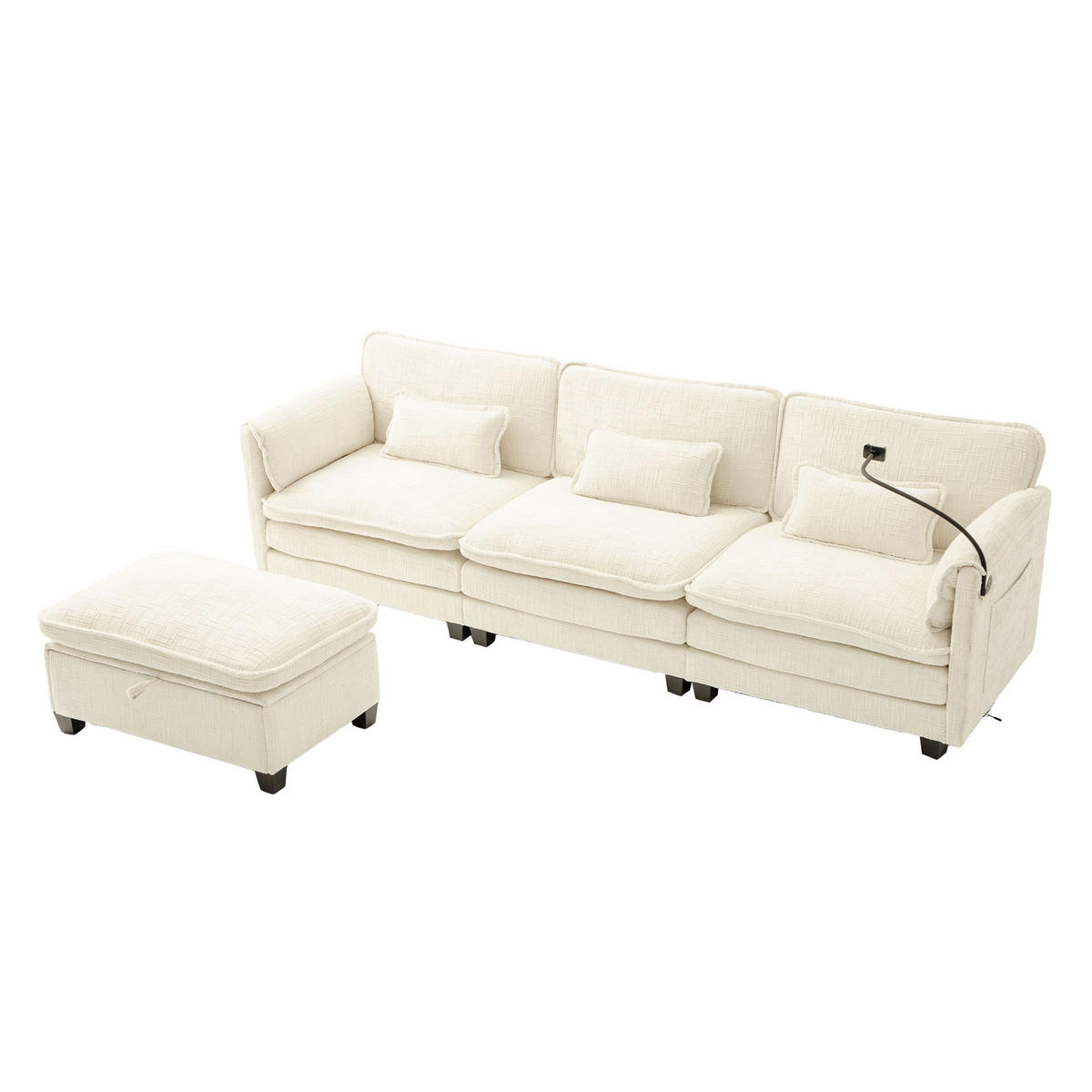 ECKSOFA mit USB-Anschluss und Hocker Chenille Beige 279/83/85 cm - Beige, Textil (279/83cm) - OKWISH