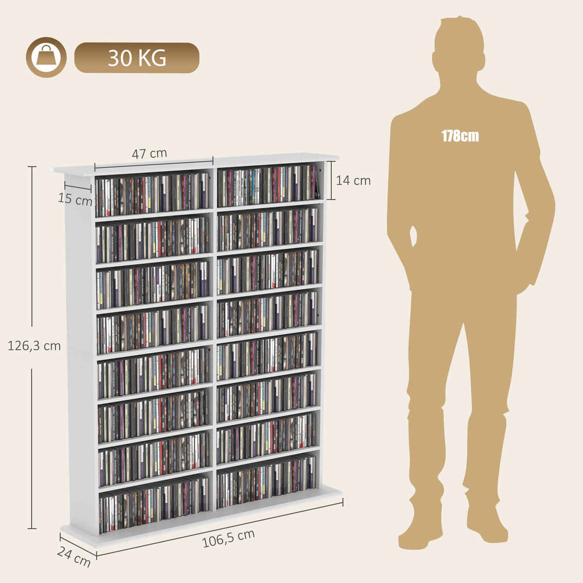 MEDIENREGAL Spanplatte Weiß - Weiß, Holzwerkstoff (24/126.3/106.5cm) - HOMCOM