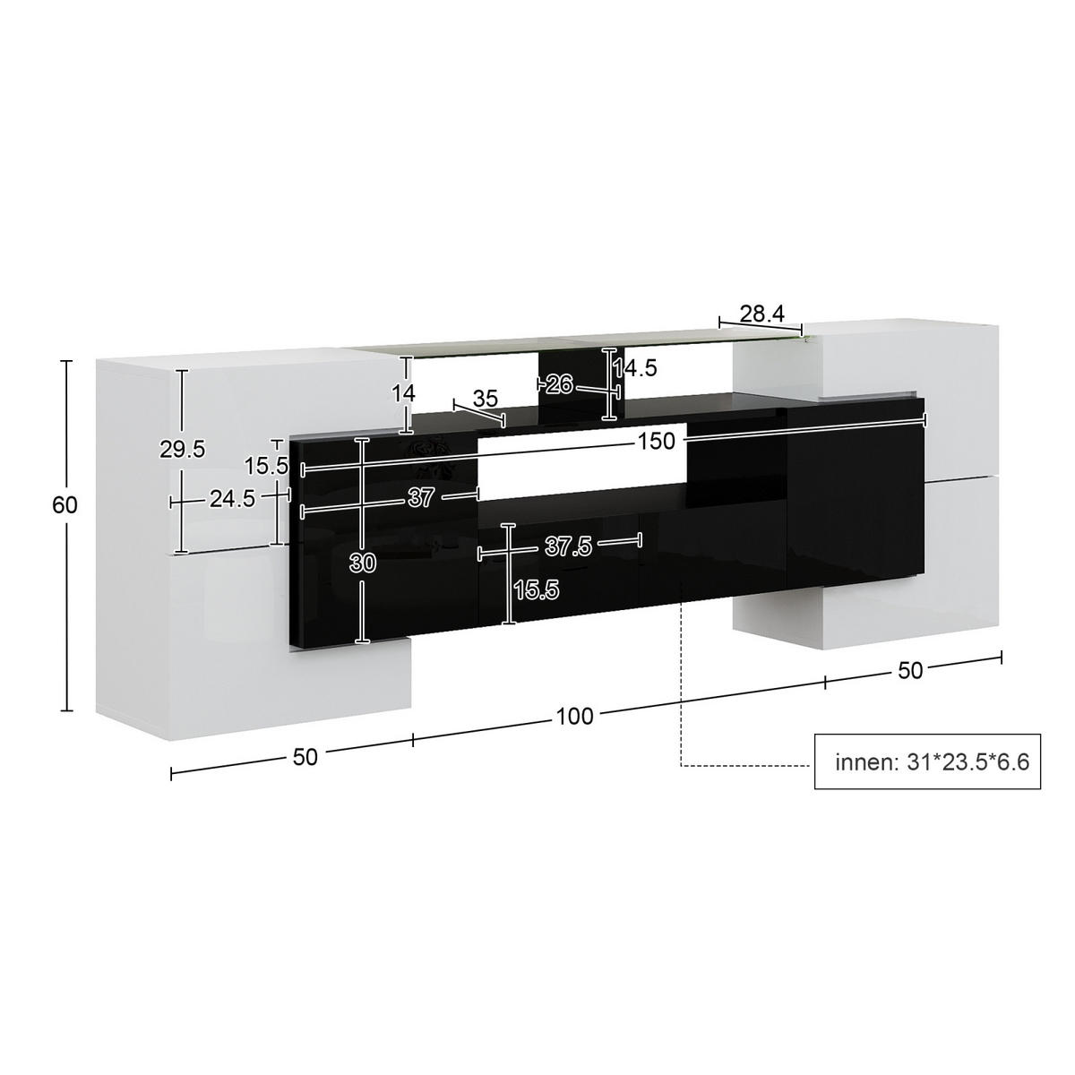 TV Lowboard LED, 6 Türen, 2 Schubladen, Hochglanz, Schwarz Weiß - Weiß, Holz (200/60/35cm)