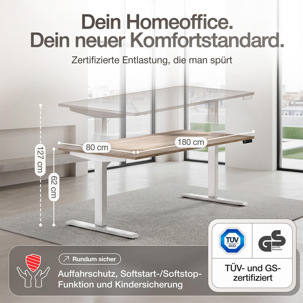 SCHREIBTISCH Elektrisch höhenverstellbarer Schreibtisch Y-Line Eiche Natura Signalweiß 180/80/62-127cm - Weiß/Eiche Artisan, Holzwerkstoff/Metall (80/180/127cm) - ASSMANN
