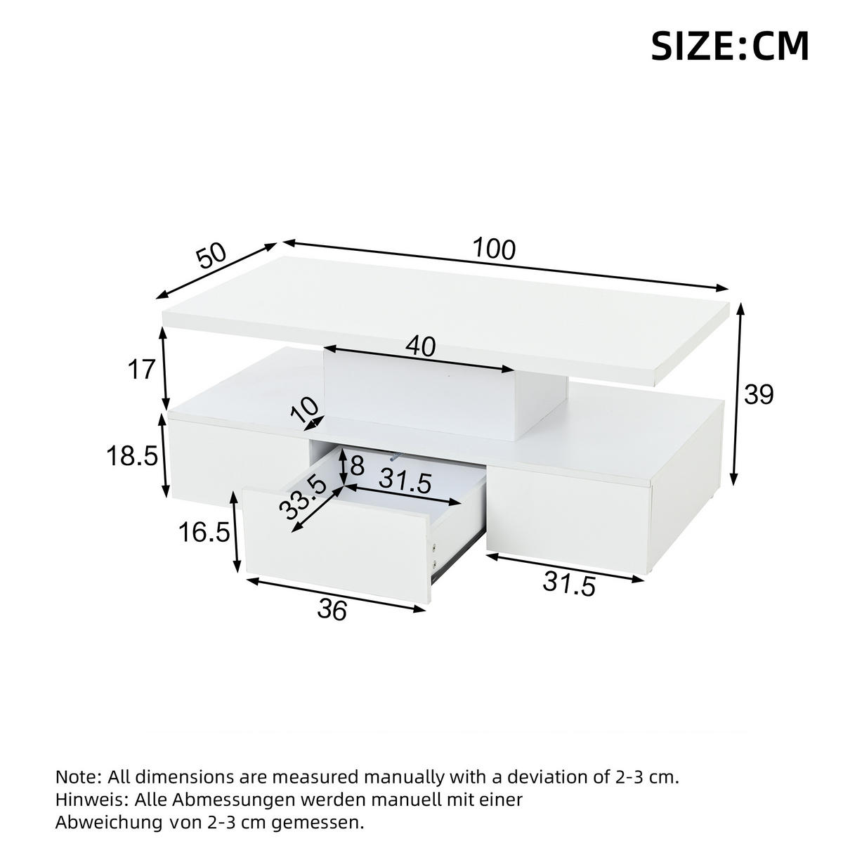 COUCHTISCH 100/50/39 cm in Weiß mit LED-Beleuchtung, Hochglanz und Schublade - Weiß, Holzwerkstoff (100/50/39cm) - Flora Grace