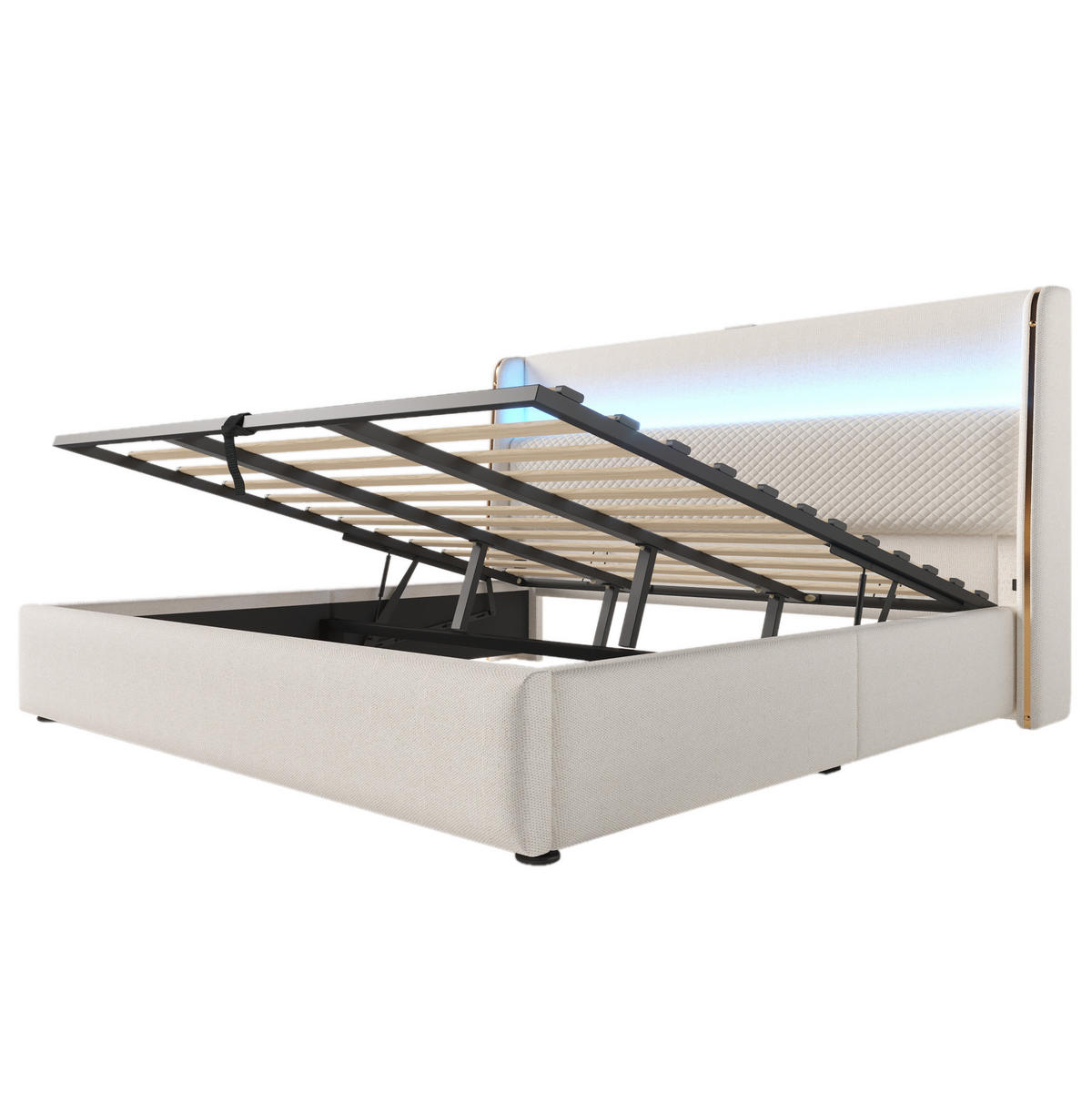 POLSTERBETT aus Leinen, Holz und Metall 180x200 cm Beige mit LED, USB/Type-C und Bettkasten - Beige, Textil (180/200cm) - IVMEU