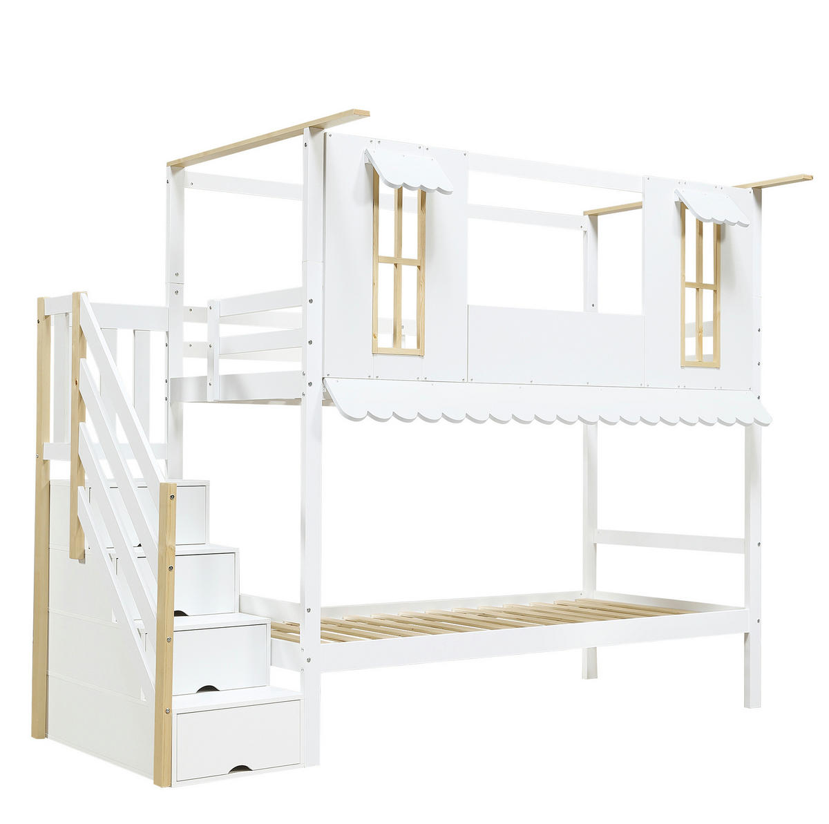 ETAGENBETT 90/200 cm Weiß/Natur mit Aufbewahrungstreppe und Hausdesign - Weiß, Holz (90/200cm) - Flora Grace