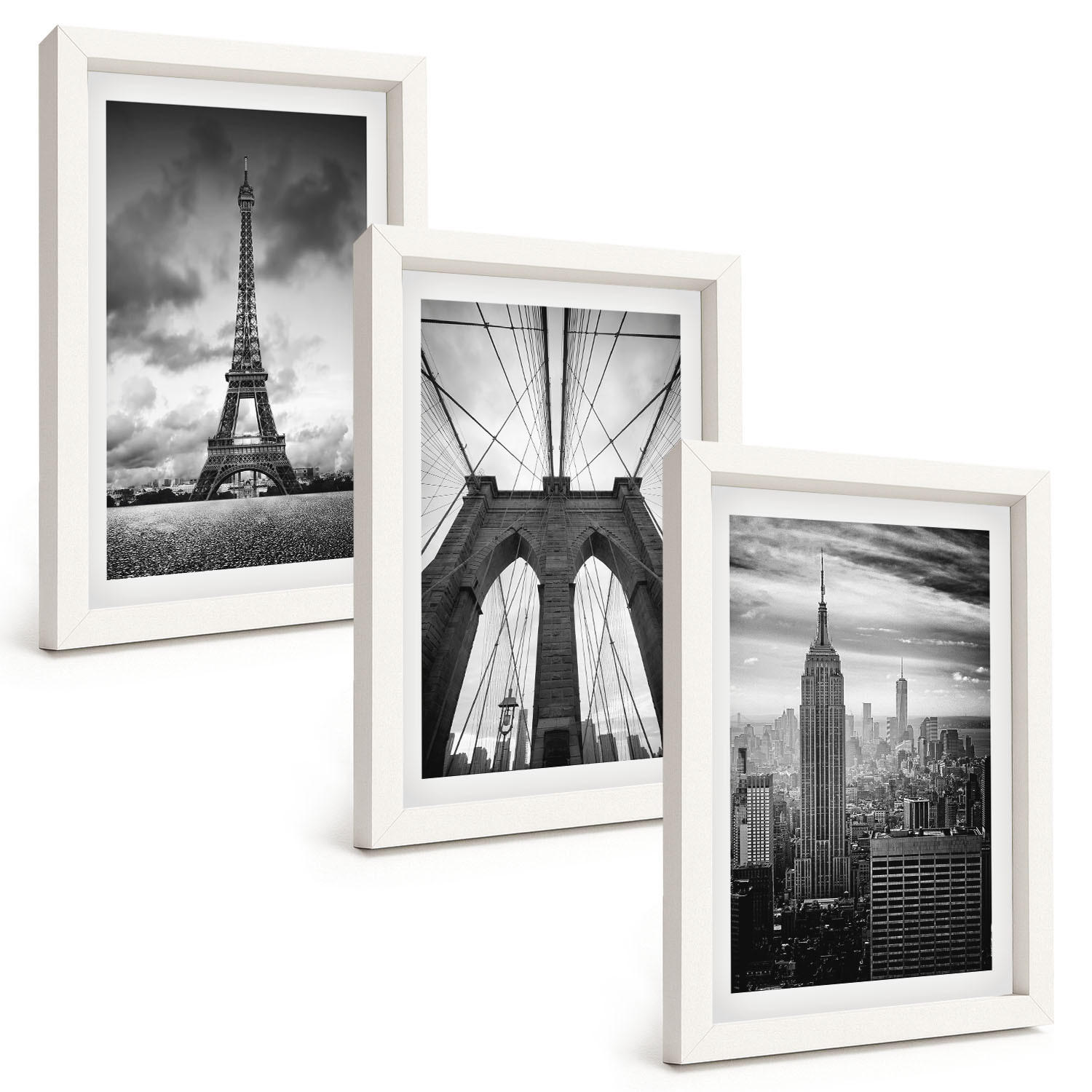 BILDER SET 3er Set - 20x30 cm Weißer Rahmen - Monochromatische Brückentürme - Weiß, Kunststoff (20/30cm) - TULUP