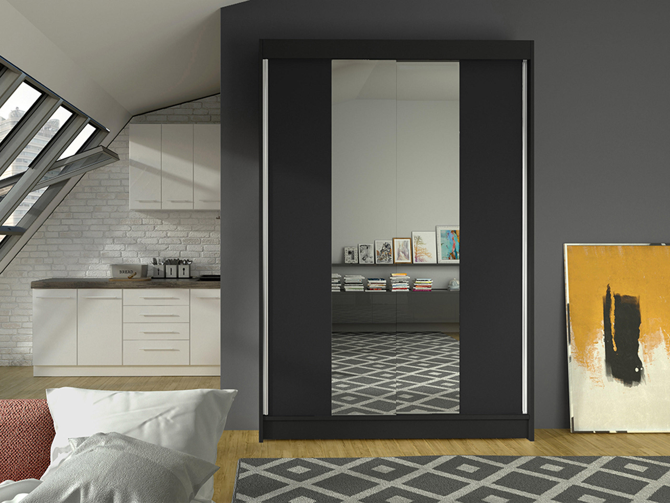 SCHWEBETÜRENSCHRANK Lino II - Schwarz, Holzwerkstoff/Metall (120/200/58cm) - MIRJAN24