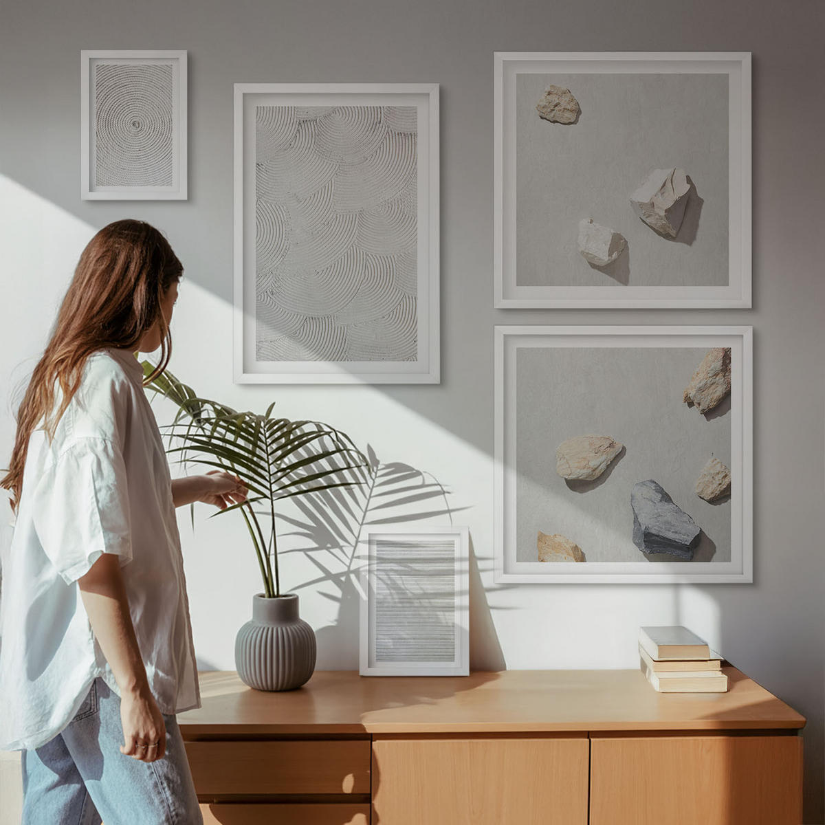 WANDBILDER 5er-Set - 50x50 cm & 20x30 cm & 40x60 cm Weißer Rahmen - Geometrische Pappsteine - Weiß, Kunststoff (40/60cm) - ArtPrintCave