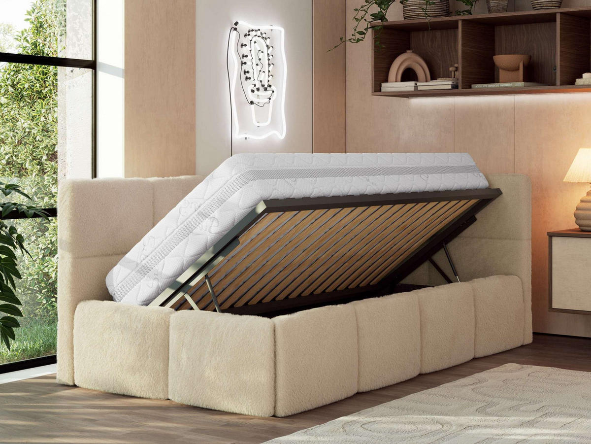 JUGENDBETT ARVO 90/200 - Beige Plüsch - Pocket-Matratze - Rechts Seite - Beige, Textil (90/200cm) - MKS