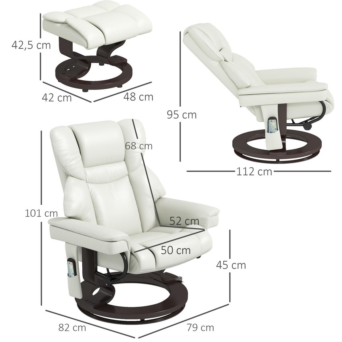 RELAXSESSEL 79/82/101 cm in Cremeweiß mit Massagefunktion und Fußhocker - Creme, Leder (79/101/82cm) - BEAOK