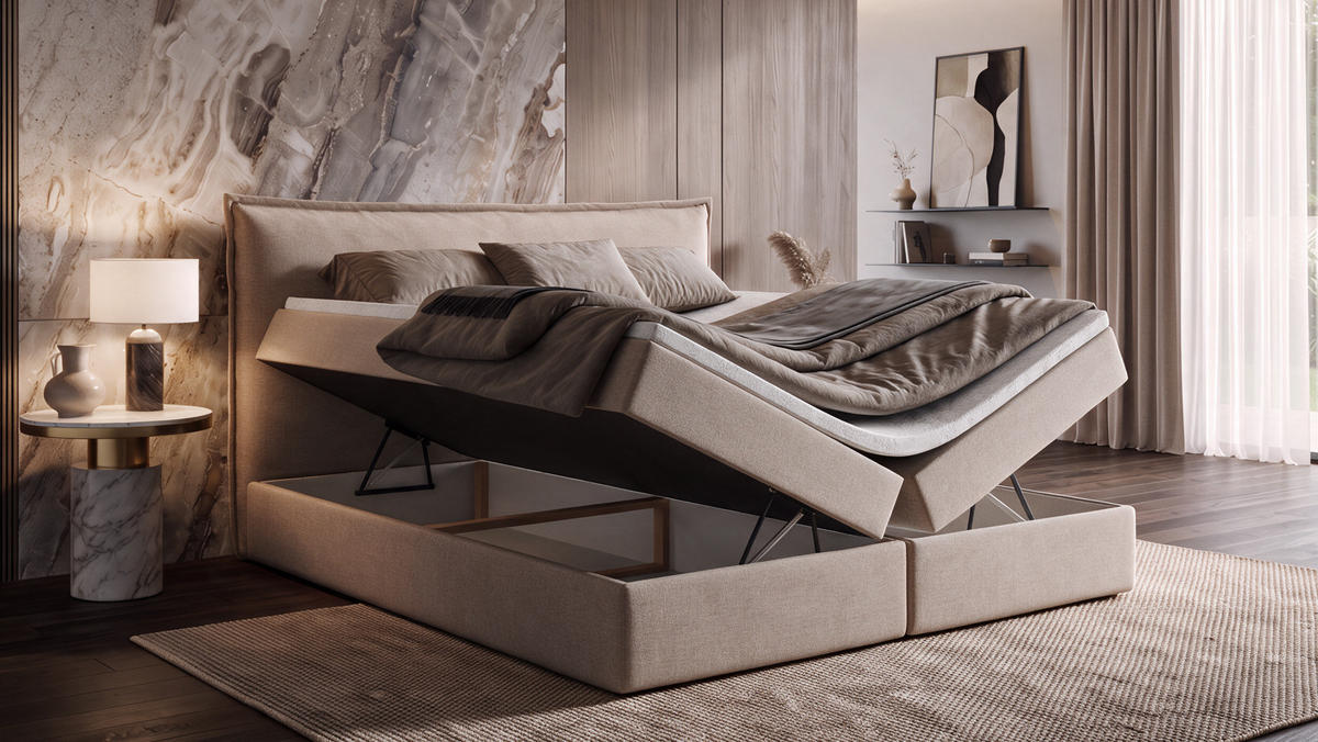 BOXBETT ARENO 200x200 cm Komplett-Set mit Bettkasten, Bonell-Matratze H3 und Topper - Hellbraun - Hellbraun, Textil (200/200cm) - Luxkor24