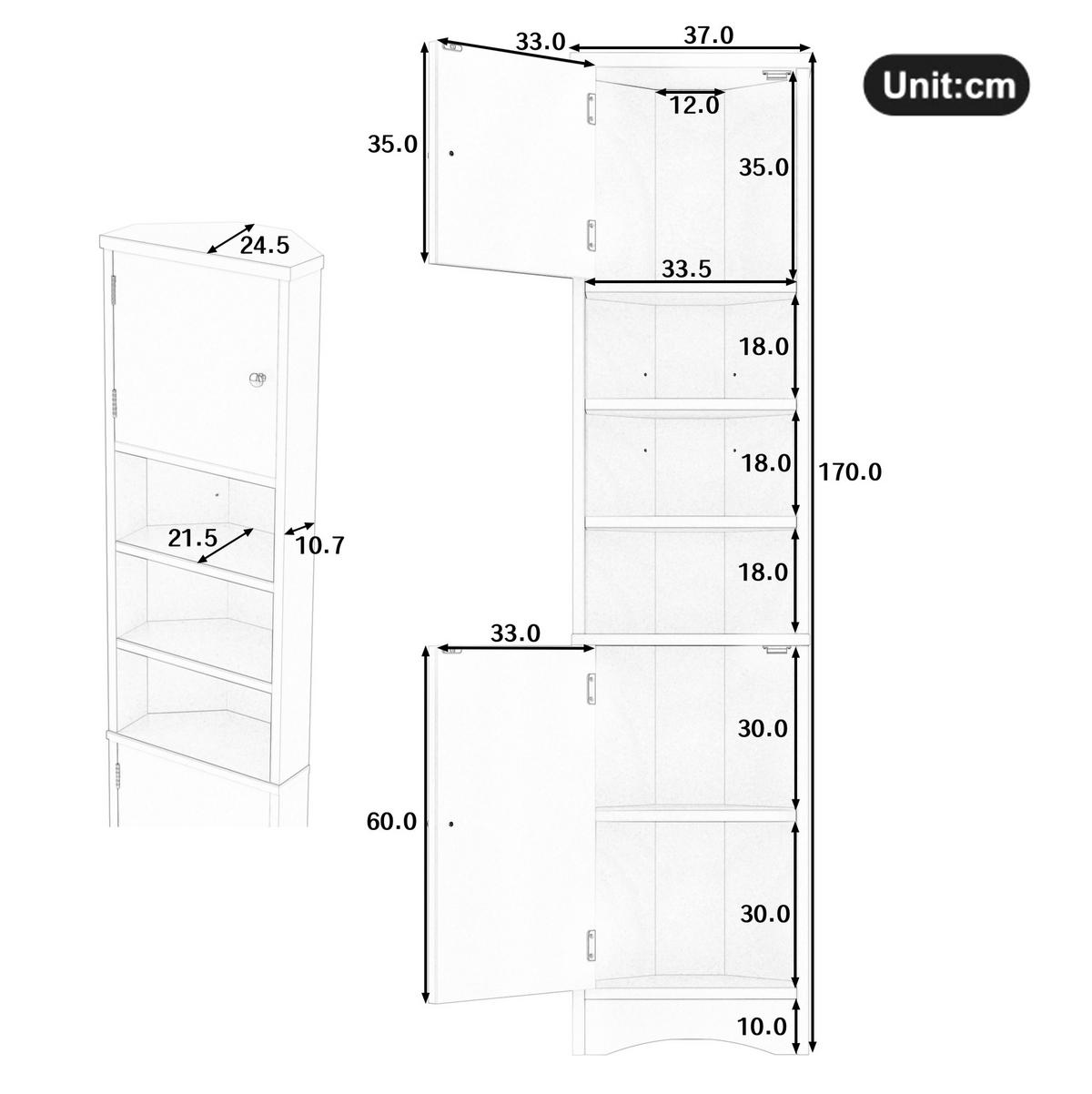 BADEZIMMERSCHRANK 36.5x24.5x170cm in Weiß, feuchtigkeitsbeständig mit 2 Türen - Weiß, Holzwerkstoff (24.5/170/36.5cm) - Modfu