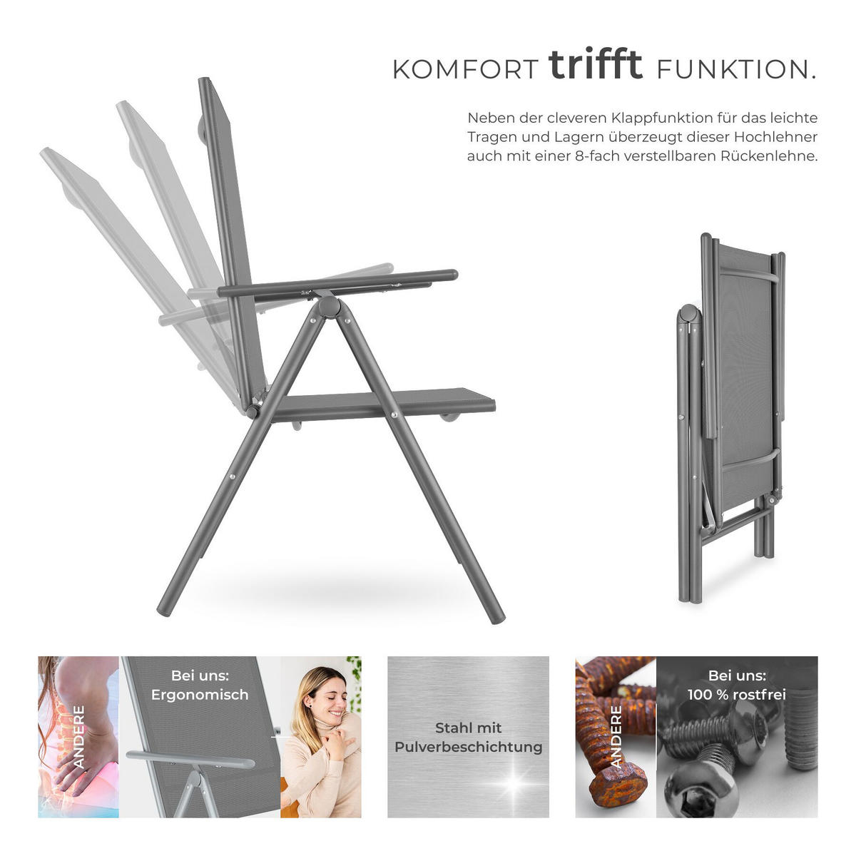 GARTENSTUHL 6er Set Marcellino, 54,5 x 65 x 107,5 cm, anthrazit - Anthrazit/Grau, Metall (54.5/107.5/65cm) - tectake