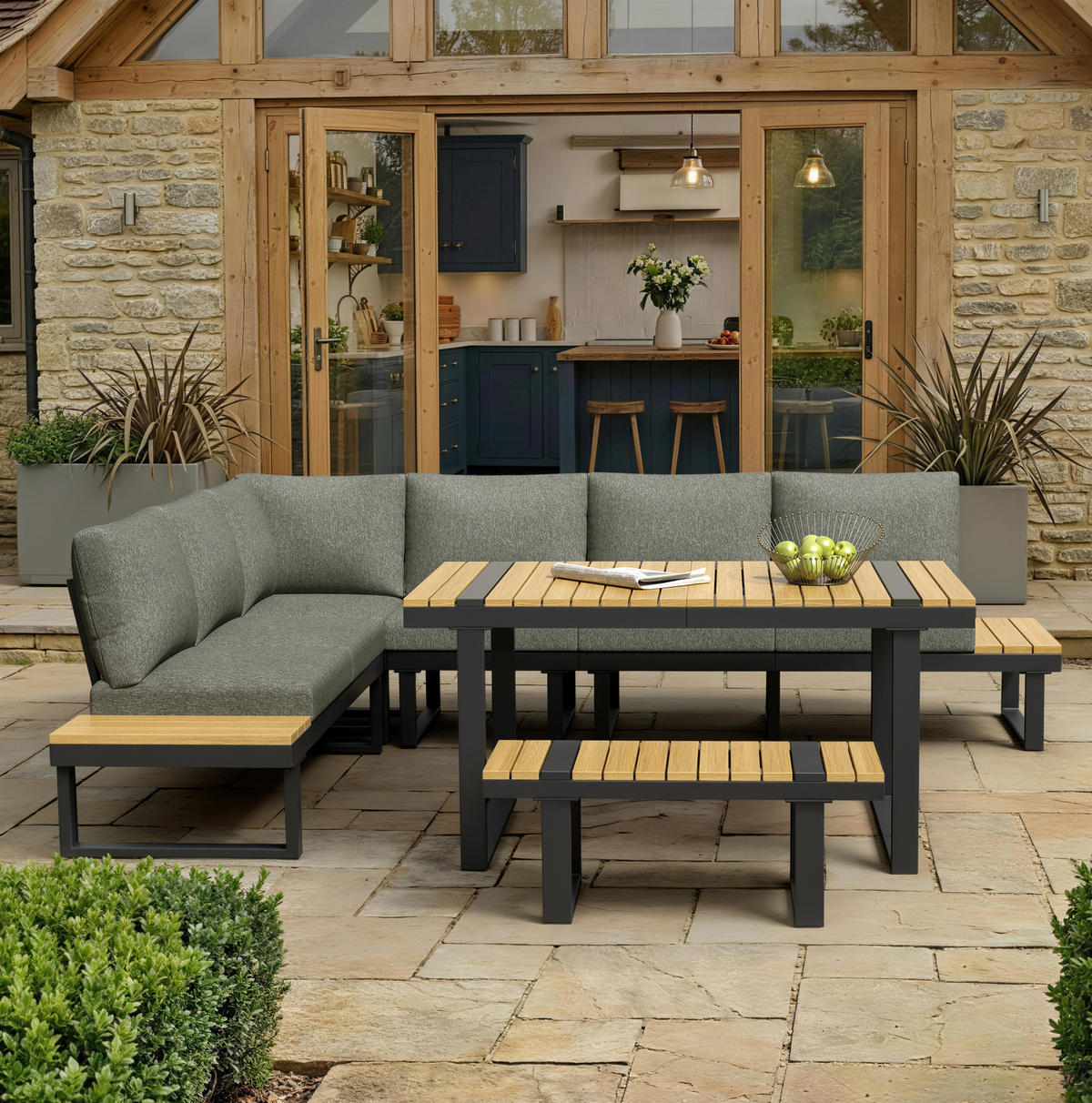 GARTEN-ESSGRUPPE mit verstellbarer Neigefunktion, 6-Sitzer Ecklounge im Industrial-Stil, Schwarz/Grau - Grau, Metall - Redom