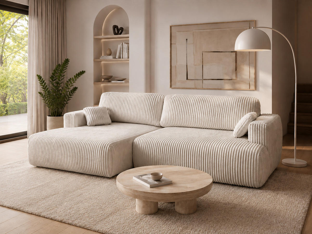 ECKSOFA Luna L links Ecru aus Cord - Ecru, Textil (271/195cm) - KS Home Concept