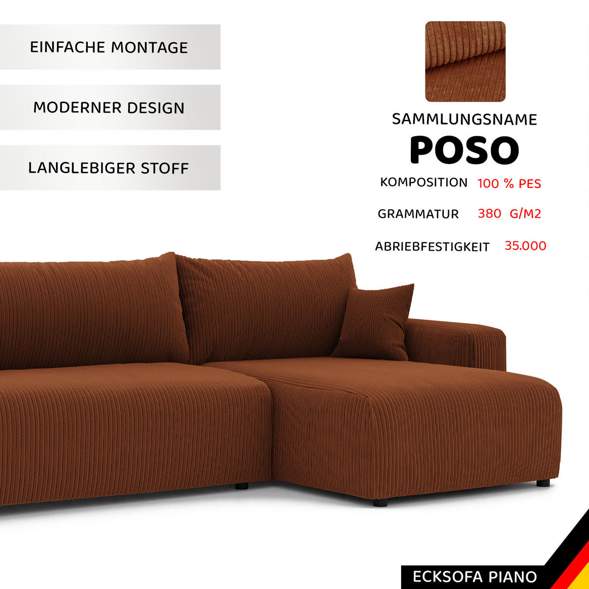 ECKSOFA mit Schlaffunktion und Bettkasten, Orange - Orange, Holzwerkstoff/Textil (145/278cm) - Idohome
