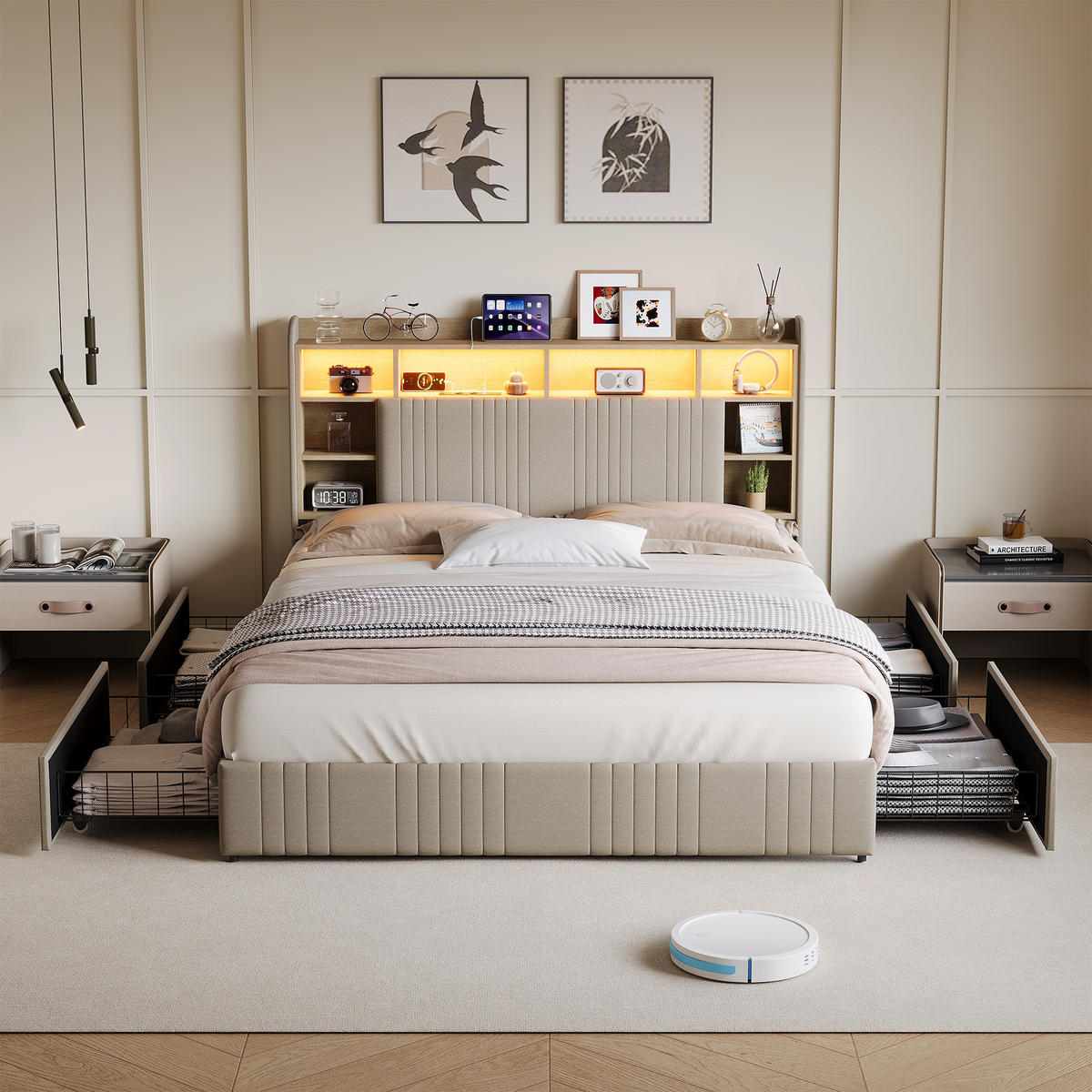 POLSTERBETT 140/200 cm Beige mit Schubladen und USB-Anschlüssen - Beige, Holz (140/200cm) - SHOPENTRA