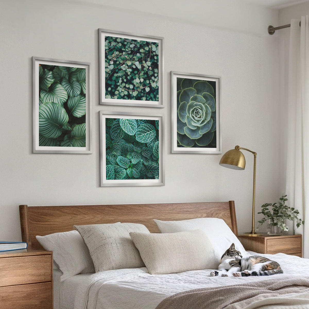 WANDBILDER 4er Set - 50x50 cm & 40x60 cm Silberner Rahmen - Grüne, saftige Blätter - Silberfarben, Kunststoff (50/50cm) - ArtPrintCave