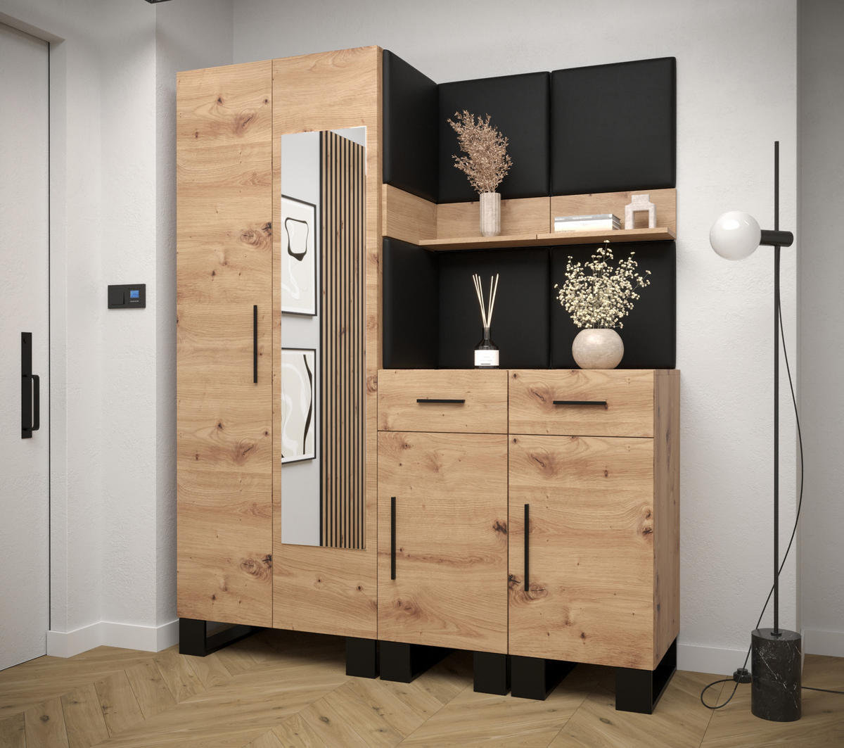 GARDEROBEN-SET 196/158/45,6 - Schwarz/Eiche Artisan, Holz/Kunststoff (158/196/45.6cm) - Abiks Möbel