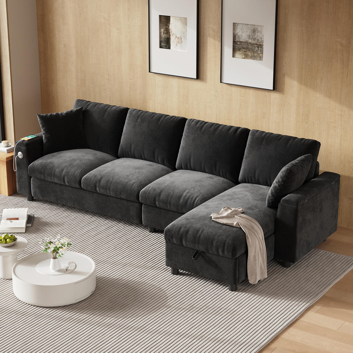 SOFA Grau L-Form Chenille Stauraum USB Couchtisch flexibel - Grau, Textil (137/84/280cm) - FLIEKS