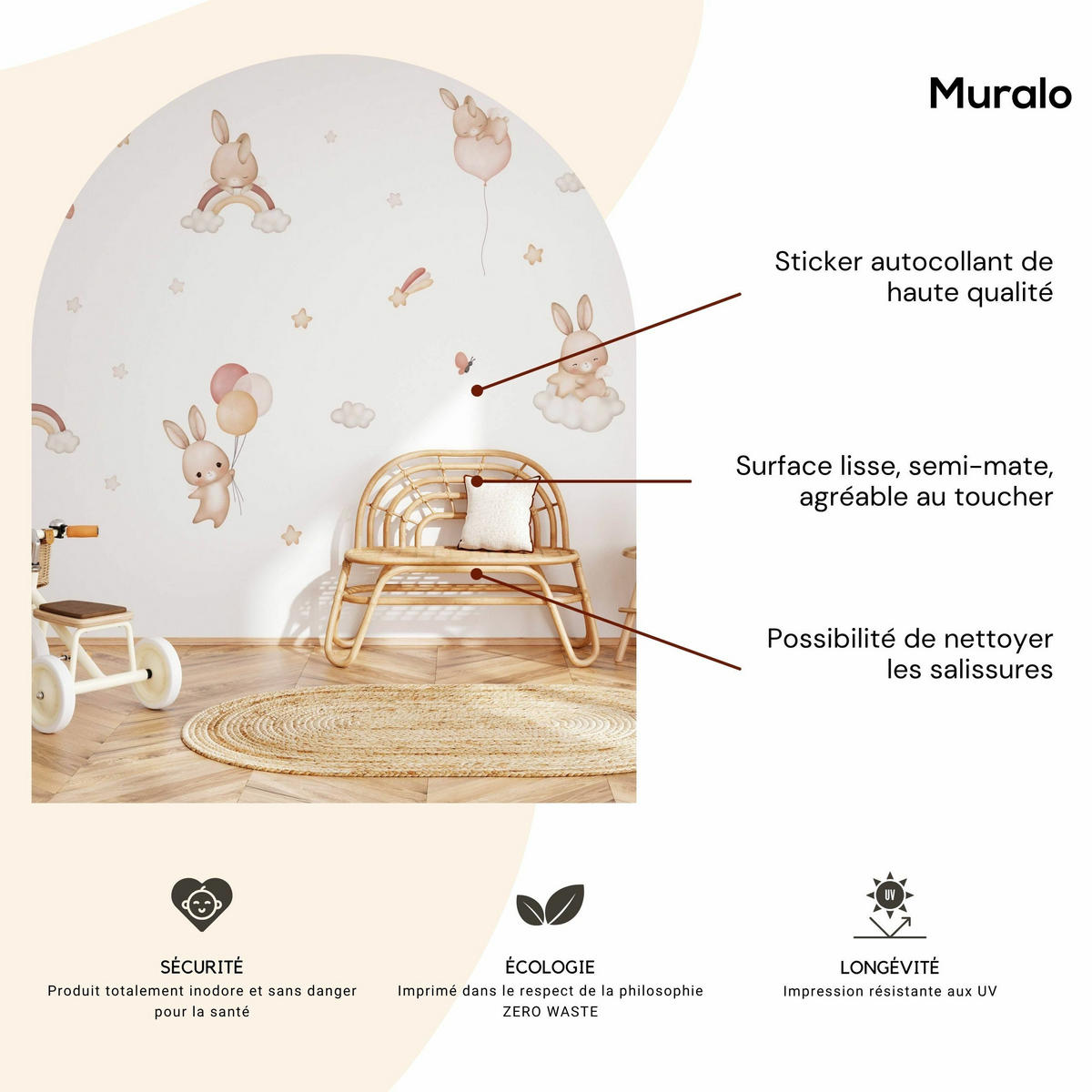 WANDAUFKLEBER SET Kaninchen Sternen Wolken Regenbogen 120x60 - Beige/Rot, Papier (120/60/1cm) - Muralo