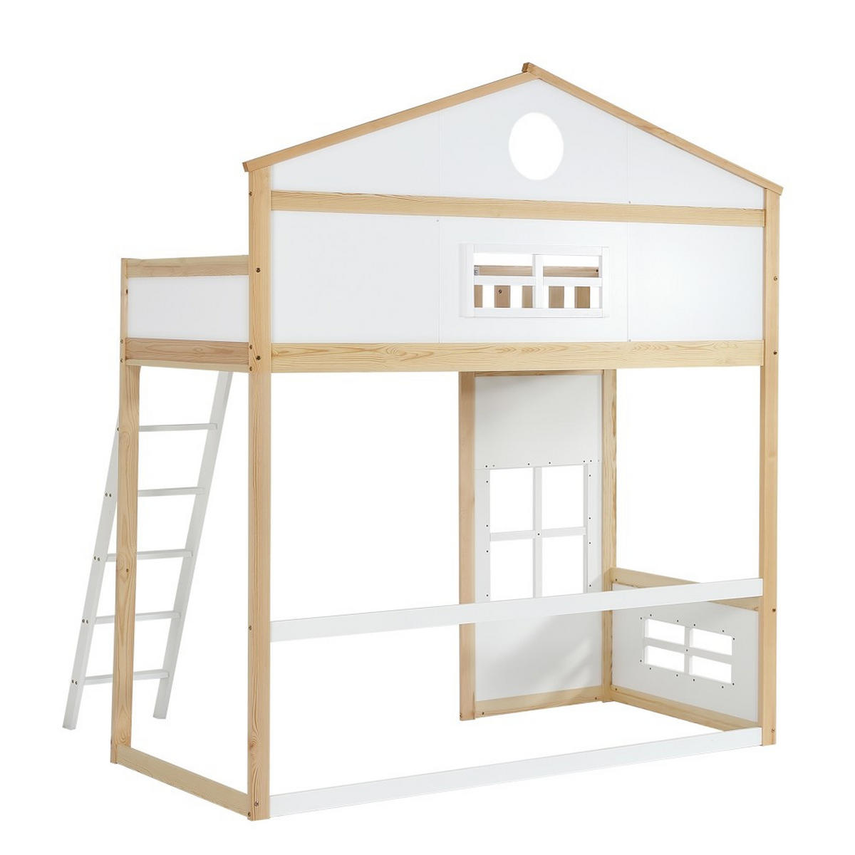 HAUSBETT 90x200cm mit Treppe in Weiß+Natur - Weiß, Holz (90/200cm) - KOMHTOM
