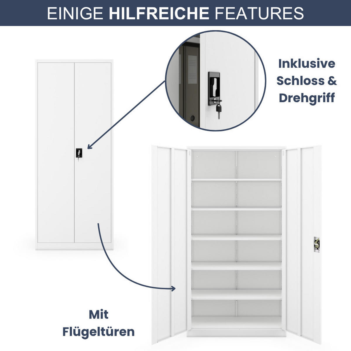 AKTENSCHRANK abschließbar KADO Flügeltüren 220x90x40cm Weiß - Weiß, Metall (90/220/40cm) - DELUKE