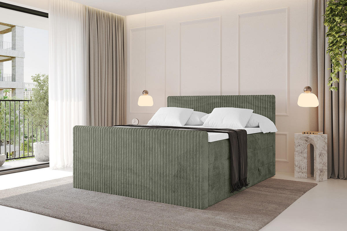BOXSPRINGBETT mit Matratze H3|H4 und Lattenrost - TOLO-Z KING 200x200 Cord - Olive - Olivgrün, Holzwerkstoff (200/200cm) - ALTDECOR